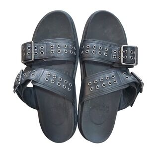 Dr. Martens Myles HDW Black Leather Eyelet Buckle Slide Sandals Mens 11 EU 45